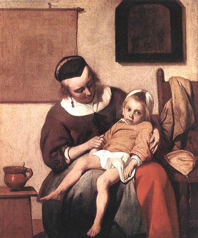 stomach flu artwork Old classical style artwork illustration Sick Child with stomach flu